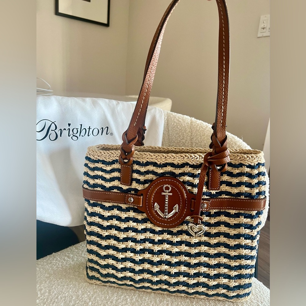 Brighton Navy and Beige Woven Tote Bag with Saddle Detailing *Used Once!